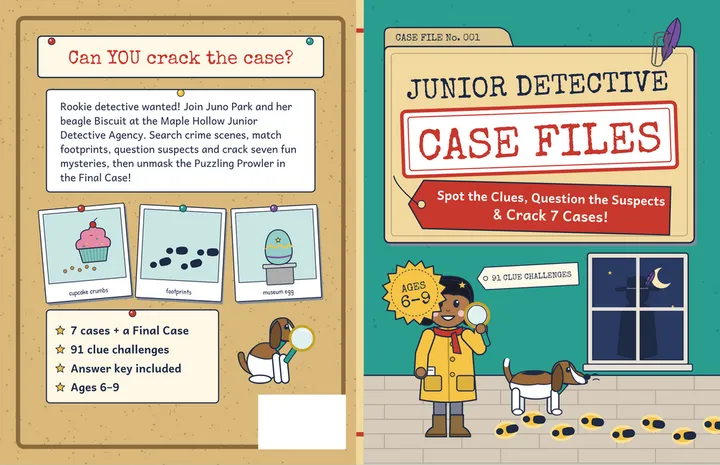 Cover of Junior Detective Case Files: spot the clues, question the suspects and crack 7 cases, with a young detective in a yellow coat holding a magnifying glass beside a beagle