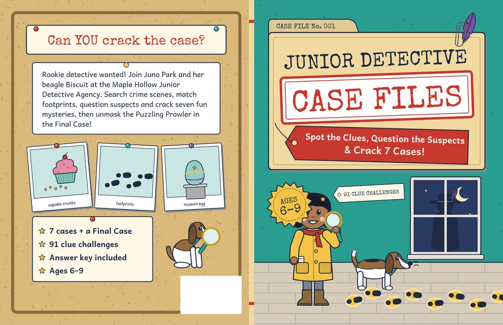 Cover of Junior Detective Case Files: spot the clues, question the suspects and crack 7 cases, with a young detective in a yellow coat holding a magnifying glass beside a beagle